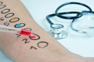 closeup of the arm of a young man who is having a skin allergy test